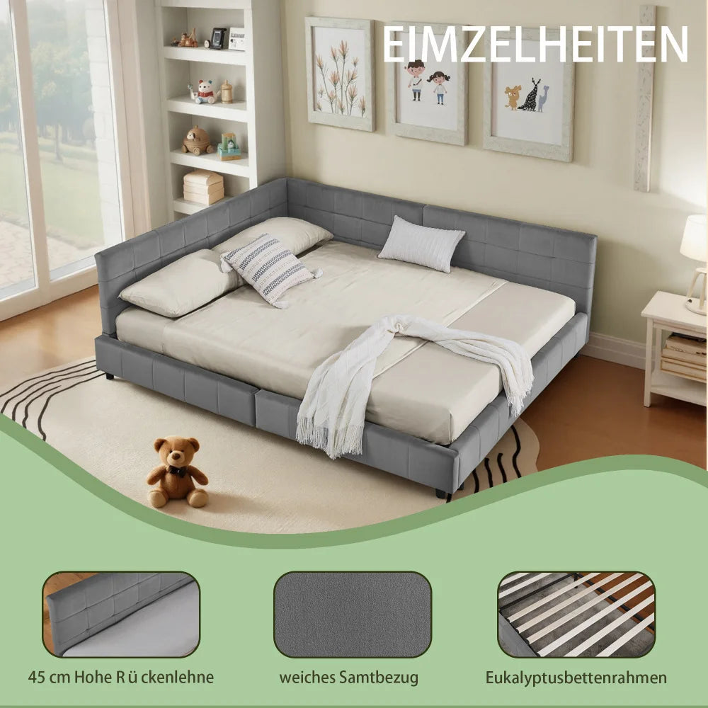 Modernes Einzelbett 90*200 cm, hautfreundliches Samtdesign, Babybett mit hoher Rückenlehne, Beige und Dunkelgrau (ohne Matratze)