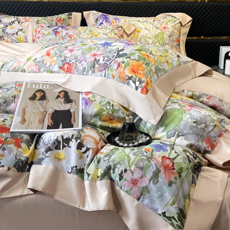 Floral Print 600TC Egyptian Cotton Bedding Queen King Comforter Cover Soft Duvet Cover Set Flat/Fitted Bed Sheet Pillowcases.