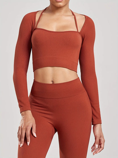 Women Screw Thread Small Sling Long Sleeve Fitness Crop Top Running Slim Fit Comfortable Sports Yoga Casual Fashion Tops.