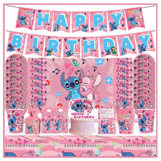 Disney Stitch Geburtstagsparty-Dekorationszubehör, rosa Lilo und Stitch-Winkel, Pappteller, Servietten, Tassen, Luftballons, Geschirr, Babyparty.