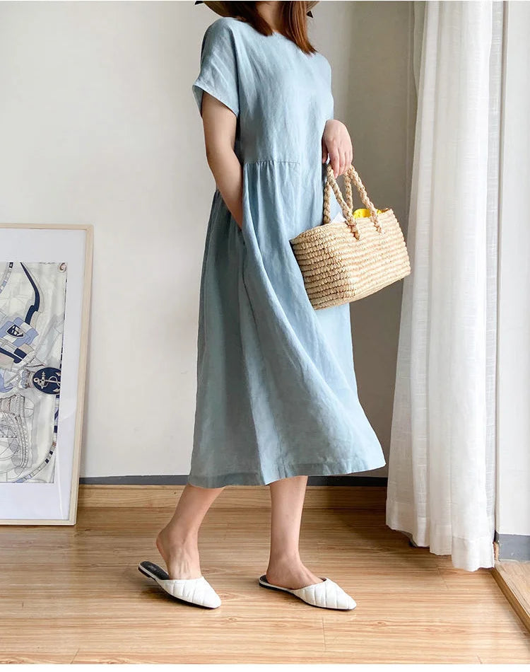 Fett mm Kleid Sommer einfarbig Baumwolle Damen mittellangen Rock lose dünne Kleider.