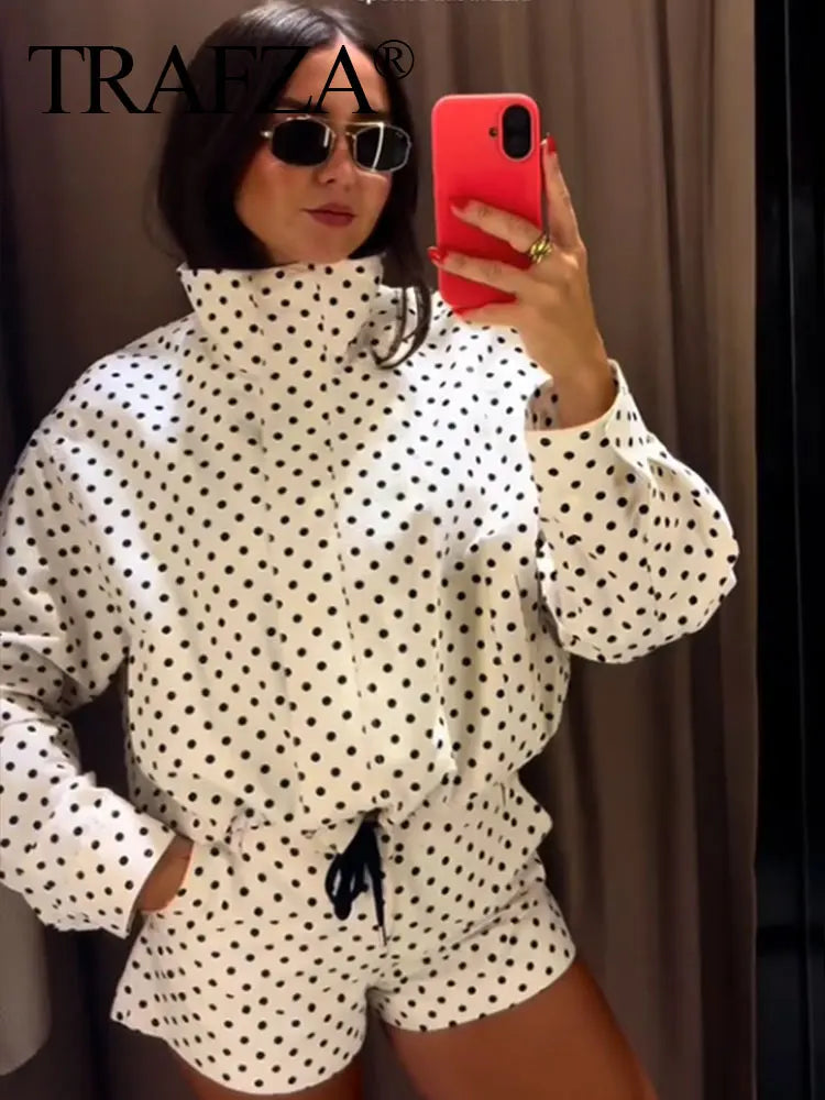 TRAFZA Herbst Polka Dot Gedruckt Jacke Für Frauen Lange Ärmel Rollkragen Zipper Mit Taschen Kordelzug Lose Vintage Mäntel.