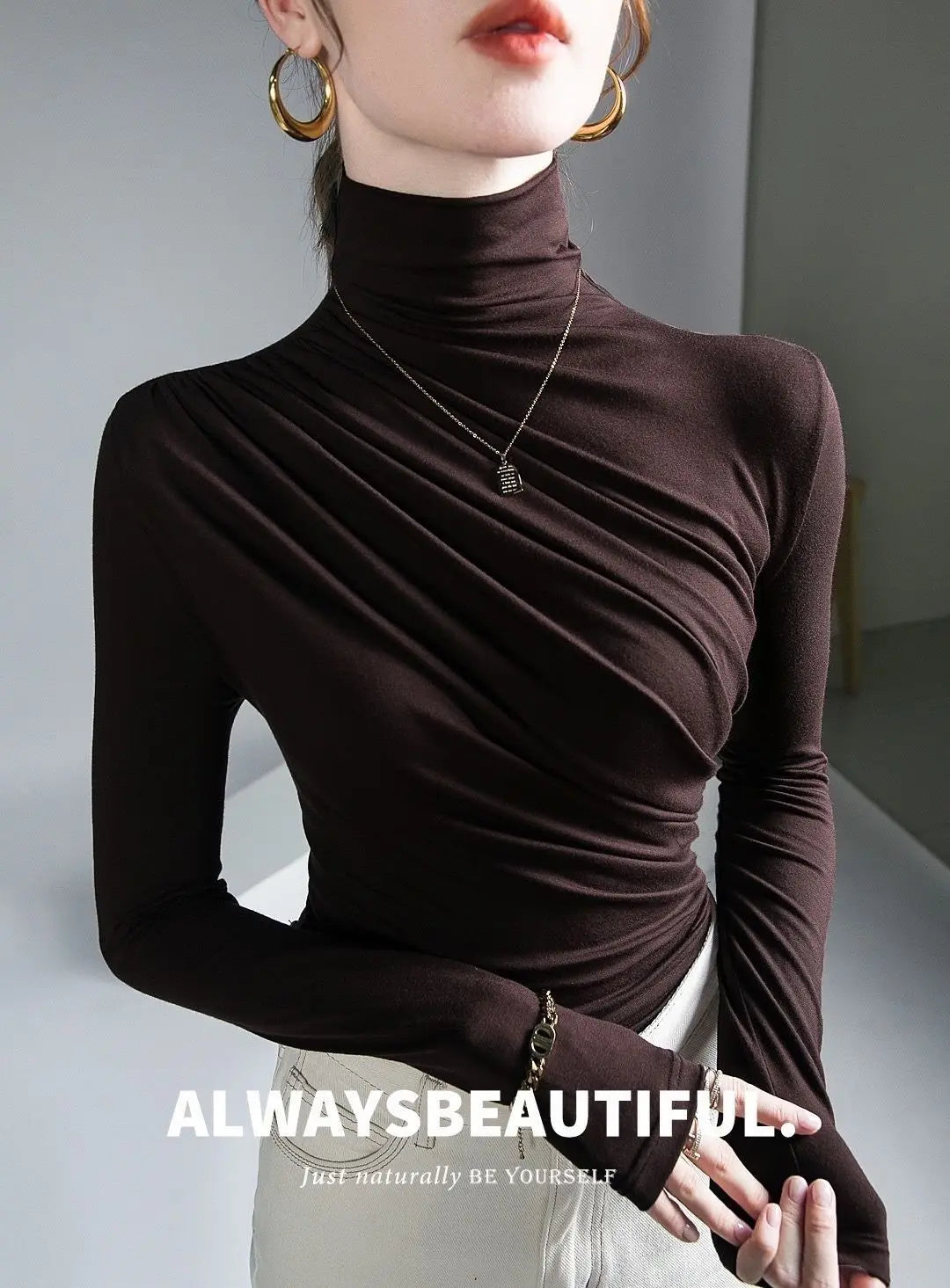 Pleated Stretch T-shirt New Spring Autumn Turtleneck Bottoming Pullover Women's Casual Elegant Basic Top Shirts Harajuku Gothic.
