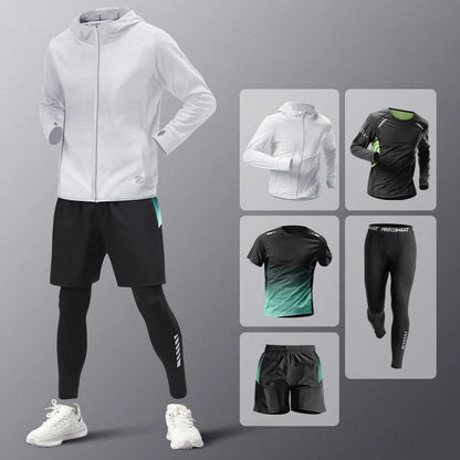5pcs Men's Lightweight Summer Ice Silk Athletic Set Quick-Dry Running Clothes Outdoor Kit Cycling Fitness Men's Sportswear Set.