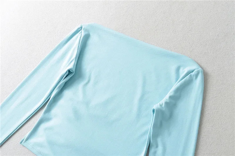 Slim Fit Long Sleeve T-Shirt Women's Shoulder Bared One-Shoulder Design Crease Asymmetrical Pure Desirable Spicy Girl Style.