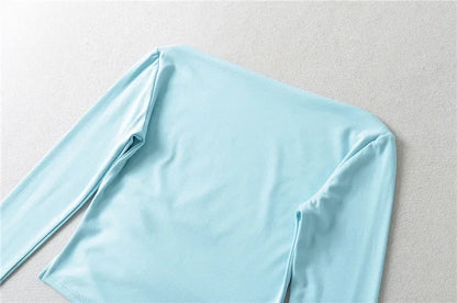 Slim Fit Long Sleeve T-Shirt Women's Shoulder Bared One-Shoulder Design Crease Asymmetrical Pure Desirable Spicy Girl Style.