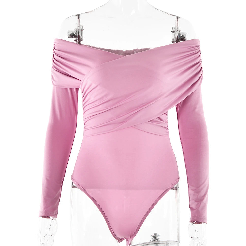 New Solid Sexy Off Shoulder Bodysuits Women Fashion Crossed Folds Skinny Rompers Long Sleeve Fashion Streetwear Autumn Bodysuits