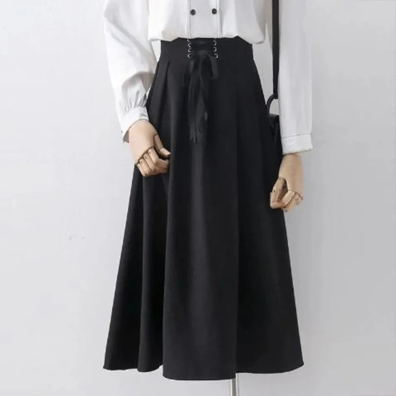 Preppy Style Vintage Long Skirts Women High Waist Sweet Loose A Line Skirt Lace Up Retro Fall Winter Female Elegant Long Skirts.