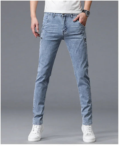 2024 New Men's Skinny Jeans Blue Gray Cotton Elasticity Straight Pencil Foot Slim Fit Fashionable Casual Denim Long Pants Male.