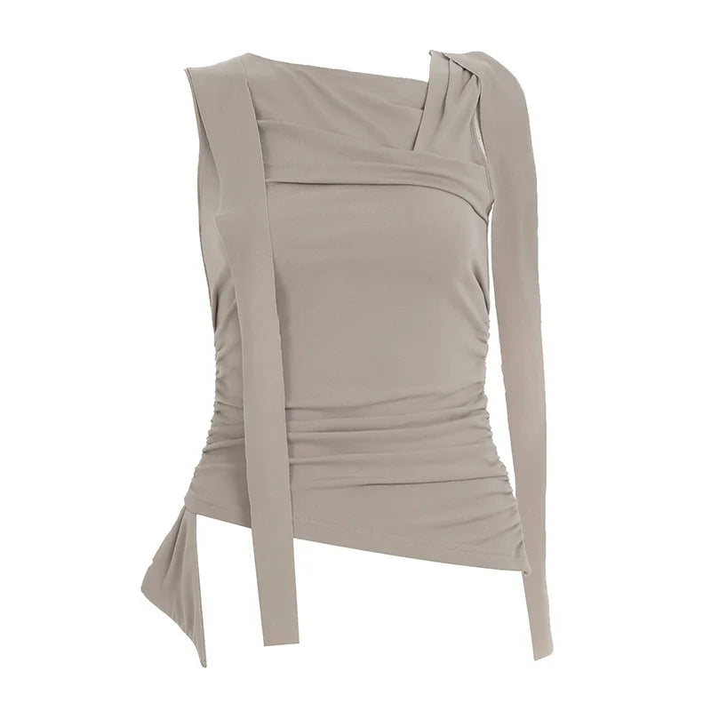 Gentle Style Asymmetric Knotted Straps with One Shoulder Solid Color Top Pleated Waist and Slim and Versatile Short Sleeves.