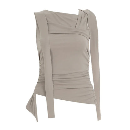 Gentle Style Asymmetric Knotted Straps with One Shoulder Solid Color Top Pleated Waist and Slim and Versatile Short Sleeves.