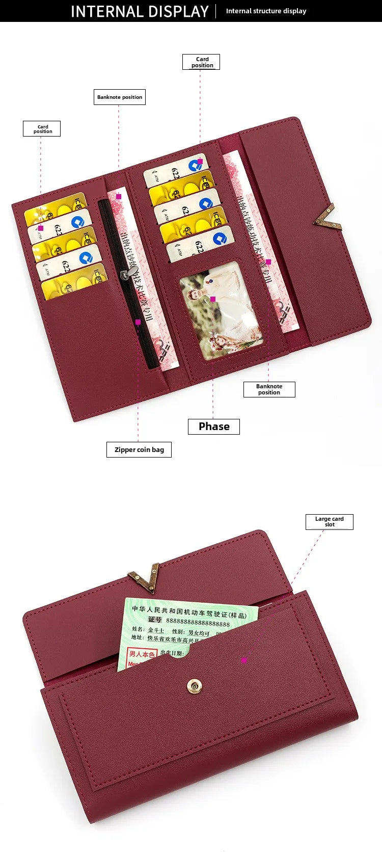 New Korean version women's wallet long V-shaped buckle three fold wallet for women, hand-held bag, change card bag.