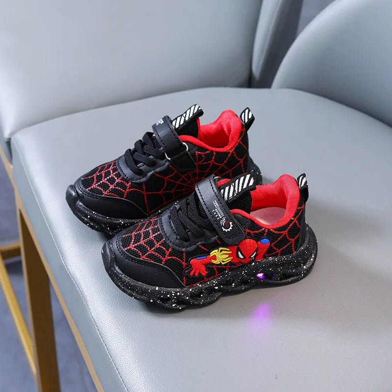 LED Casual Sneakers Red Black For Spring Boys Cartoon Mesh Outdoor Shoes Children Lighted Non-slip Shoes Size 21-30.