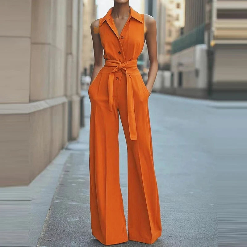 Elegant Lapel Collar Commuter Long Jumpsuits Women Casual Sleeveless Solid Romper Office Fashion Button Lace-Up Waist Playsuits.