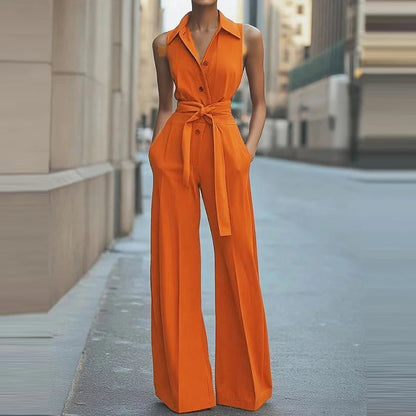 Elegant Lapel Collar Commuter Long Jumpsuits Women Casual Sleeveless Solid Romper Office Fashion Button Lace-Up Waist Playsuits.