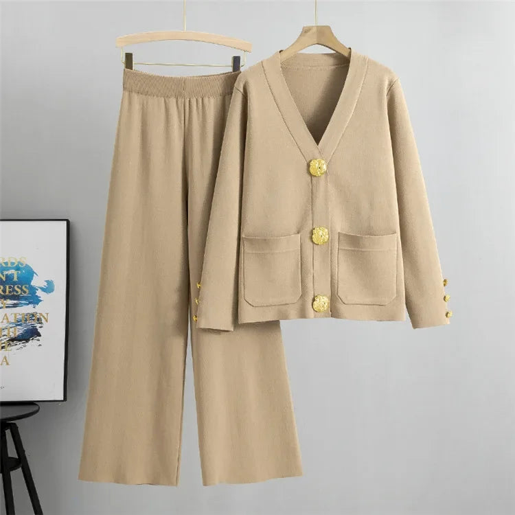 2 Piece Sets Muslim Ensemble Knitting Outfits Women Cardigan Sweater Buttons Pockets Knit Wide Leg Pants Suit Casual Knitwear.