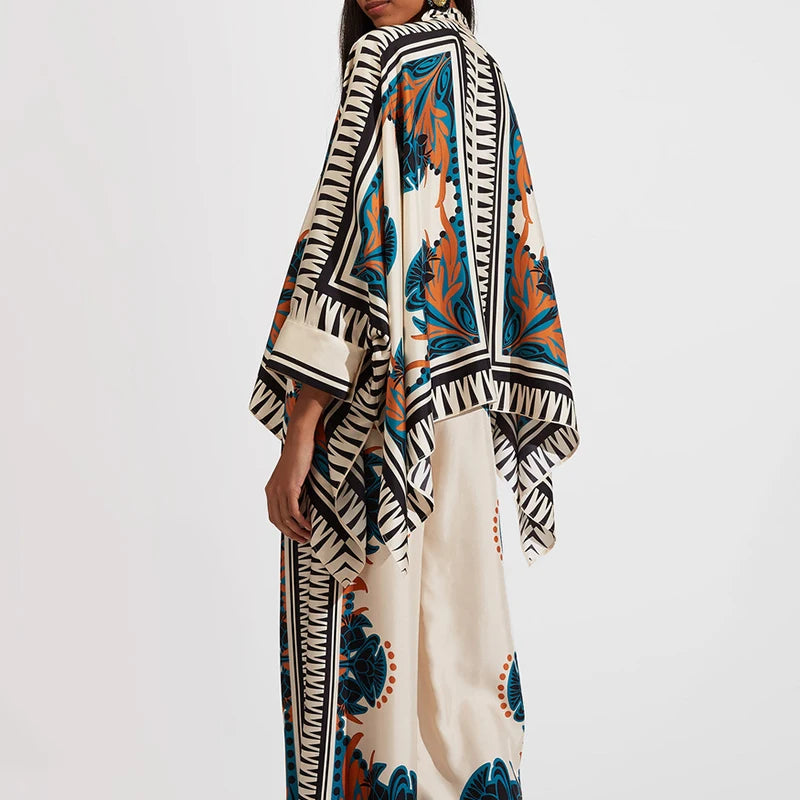 Retro Printed Loose Indie Folk Outfit Women Spring Stand Collar Button Irregular Top+Pant Set Fall Batwing Long Sleeve 2pcs Suit.