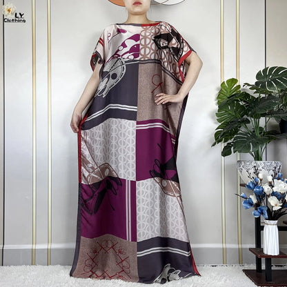 2024 New Dubai Summer Fashion For Women Printed Silk Soft Loose Femme Robe African Islam Maxi Woman Casual Dresses With Turban.