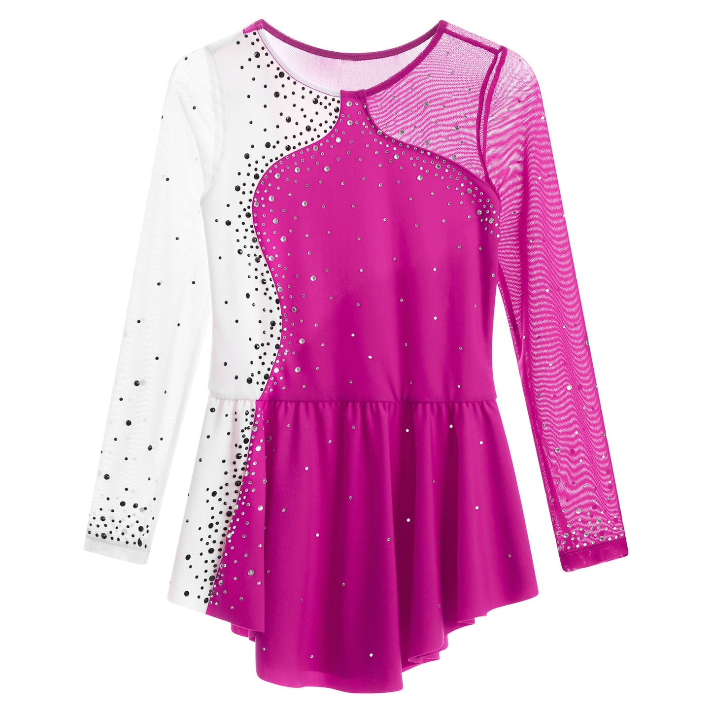 6-16Y Mädchen Eiskunstlauf Tanz Kleid Ballett Gymnastik Trikot Langarm Shiny Strass Sheer Mesh Leistung Dancewear