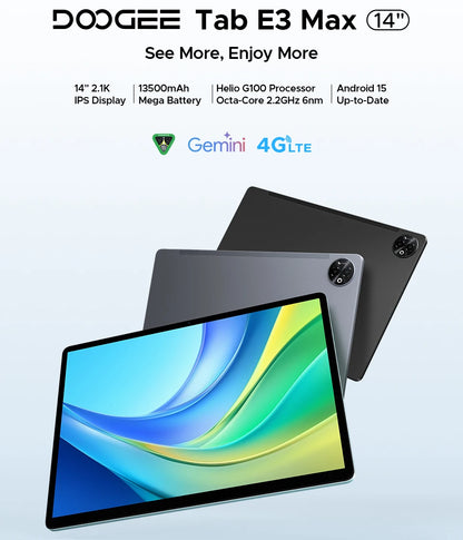 Global Version DOOGEE Tab E3 Max Tablet PC Android 15 Gemini AI 14'' 2.1K Screen 8GB RAM 256GB 13500mAh Large Battery Smart Pad.
