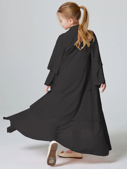 Ramadan Kebaya Muslim Girls Abaya 3 Layered Chiffon Kids Abaya Dress Open Front   Outerwear (Without Hijab).