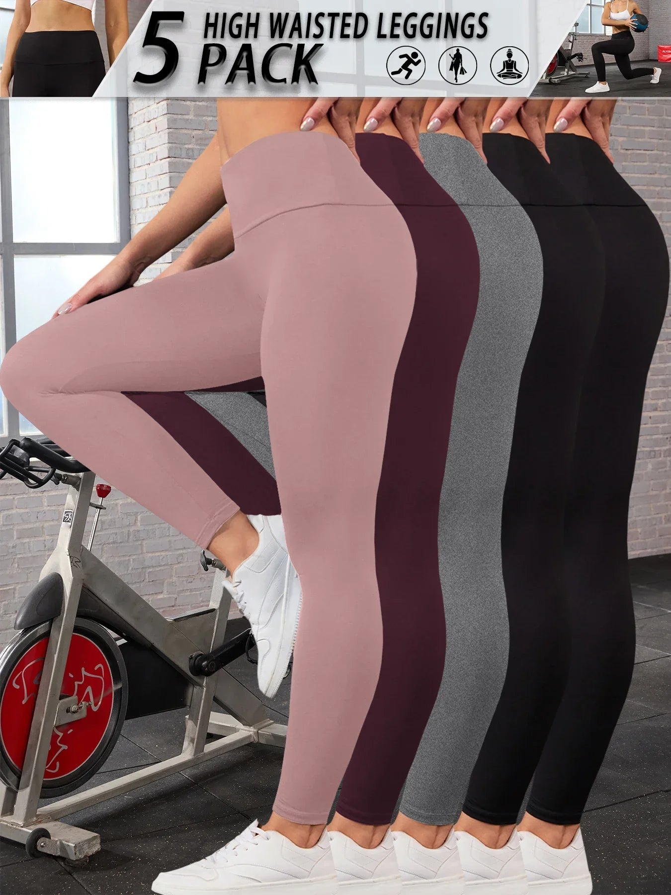 5 Pack Women's Super Soft High Waisted Tummy Control No See Through Workout Yoga Running Athletic Push Up Gym Fitness Leggings.