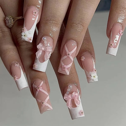 White Glitter Powder Bowknot Long Pointed Fake Nails Art Ballet False Nail Cow Print Pearl Rhinestone Pink Almond Press on Nails.