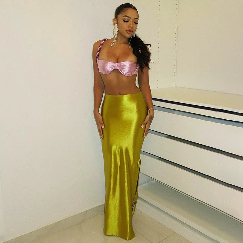 2025 Autumn Stain Long Solid Color Skirt Women Elegant High Waist Side Split Maxi Skirts Party Sexy Clothes for Female.