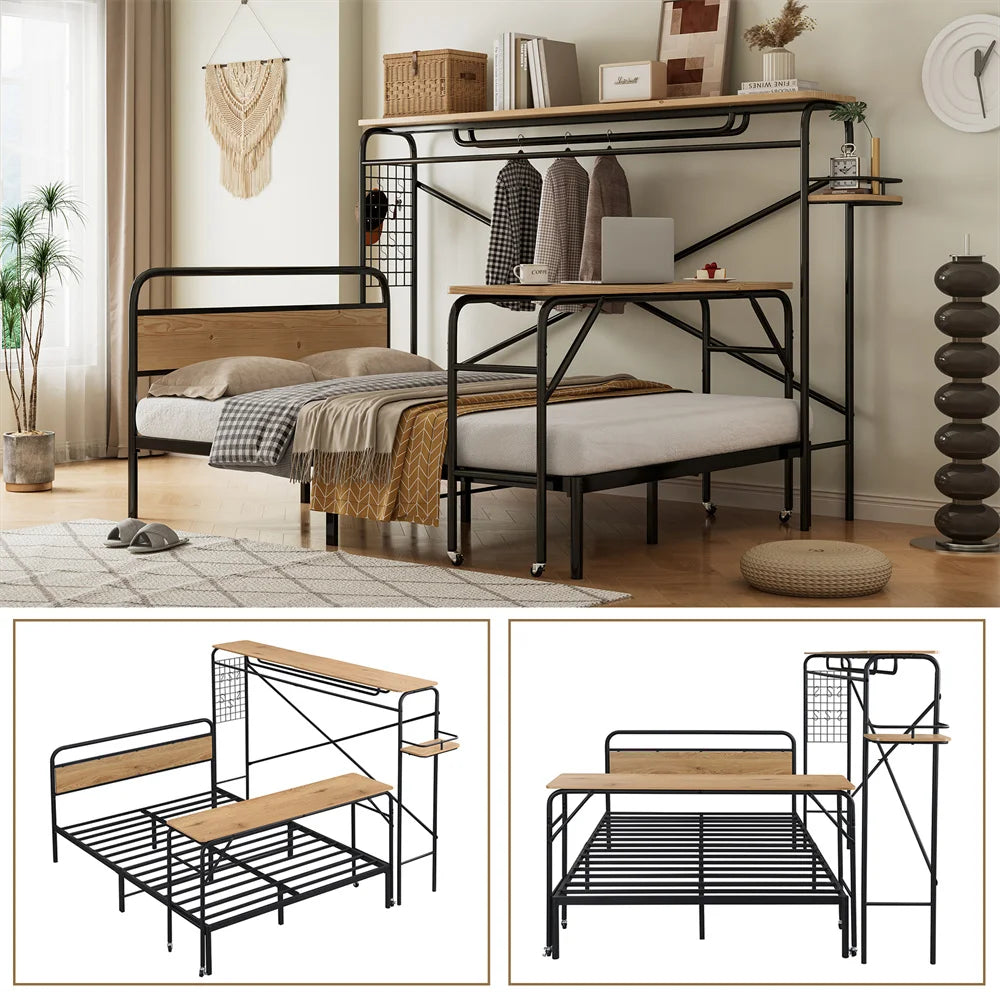 Metallbett 140x200cm, Flachbetten+Tisch mit Rädern+Vertikaler Garderobenständer, Schlafzimmermöbel, Metall+MDF, Schwarz + Natur