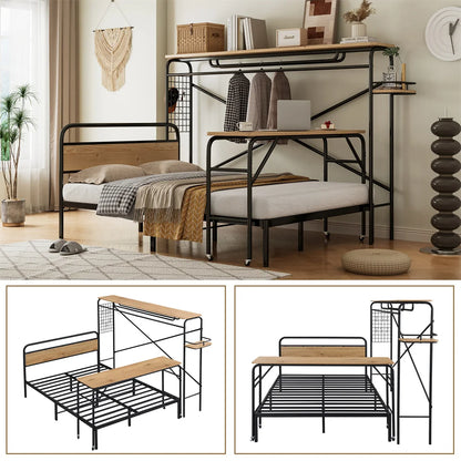 Metallbett 140x200cm, Flachbetten+Tisch mit Rädern+Vertikaler Garderobenständer, Schlafzimmermöbel, Metall+MDF, Schwarz + Natur