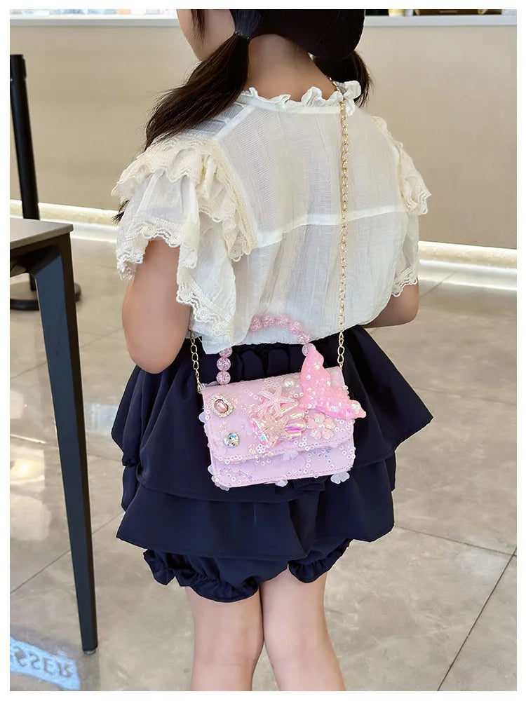Lovely Sequin Girls Square Shoulder Bag Fish Tail Starfish Princess Crossbody Bags Bead Handle Children's Small Handbags Purse