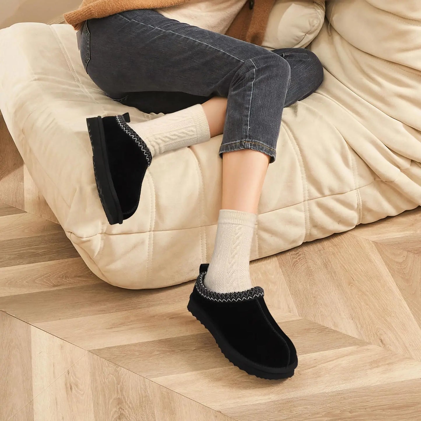 Litfun Winter Genuine Suede Snow Boots For Women Water Resistant Slides Soft Sole Ankle Boots Plush Lining Warm House Slippers.