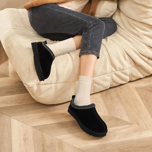 Litfun Winter Genuine Suede Snow Boots For Women Water Resistant Slides Soft Sole Ankle Boots Plush Lining Warm House Slippers.