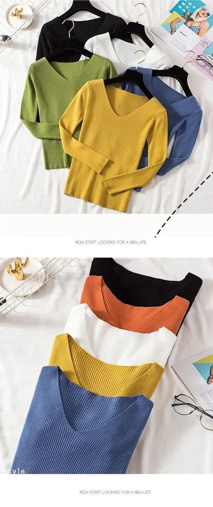2025 mode V-ausschnitt Elastische Grundlegende Top Neue Frauen Pullover Herbst Winter Langarm Pullover Weibliche Winter Solide Strick Jumper.