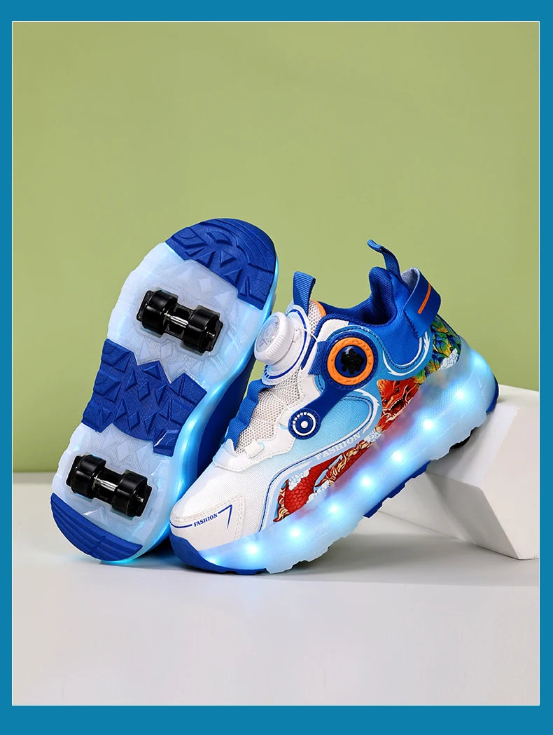 Children Four Wheels Luminous Glowing Sneakers Black Pink Led Light Roller Skate Shoes Kids Led Shoes Boys Girls USB Charging.