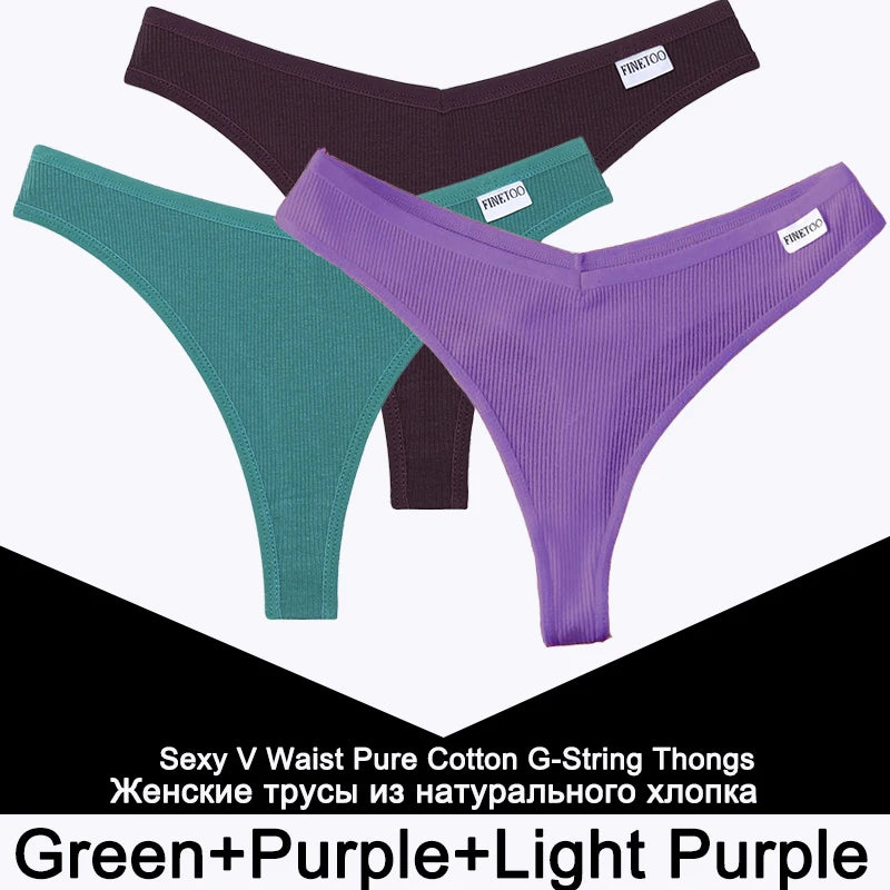 FINETOO 3PCS/Set G-string Panties Cotton Women's Underwear Sexy Panty Female Underpants Thong Solid Color Lingerie T-Back Design