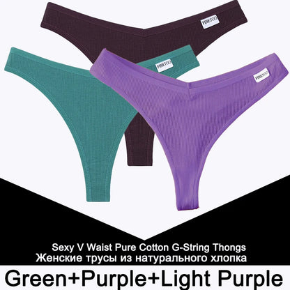 FINETOO 3PCS/Set G-string Panties Cotton Women's Underwear Sexy Panty Female Underpants Thong Solid Color Lingerie T-Back Design