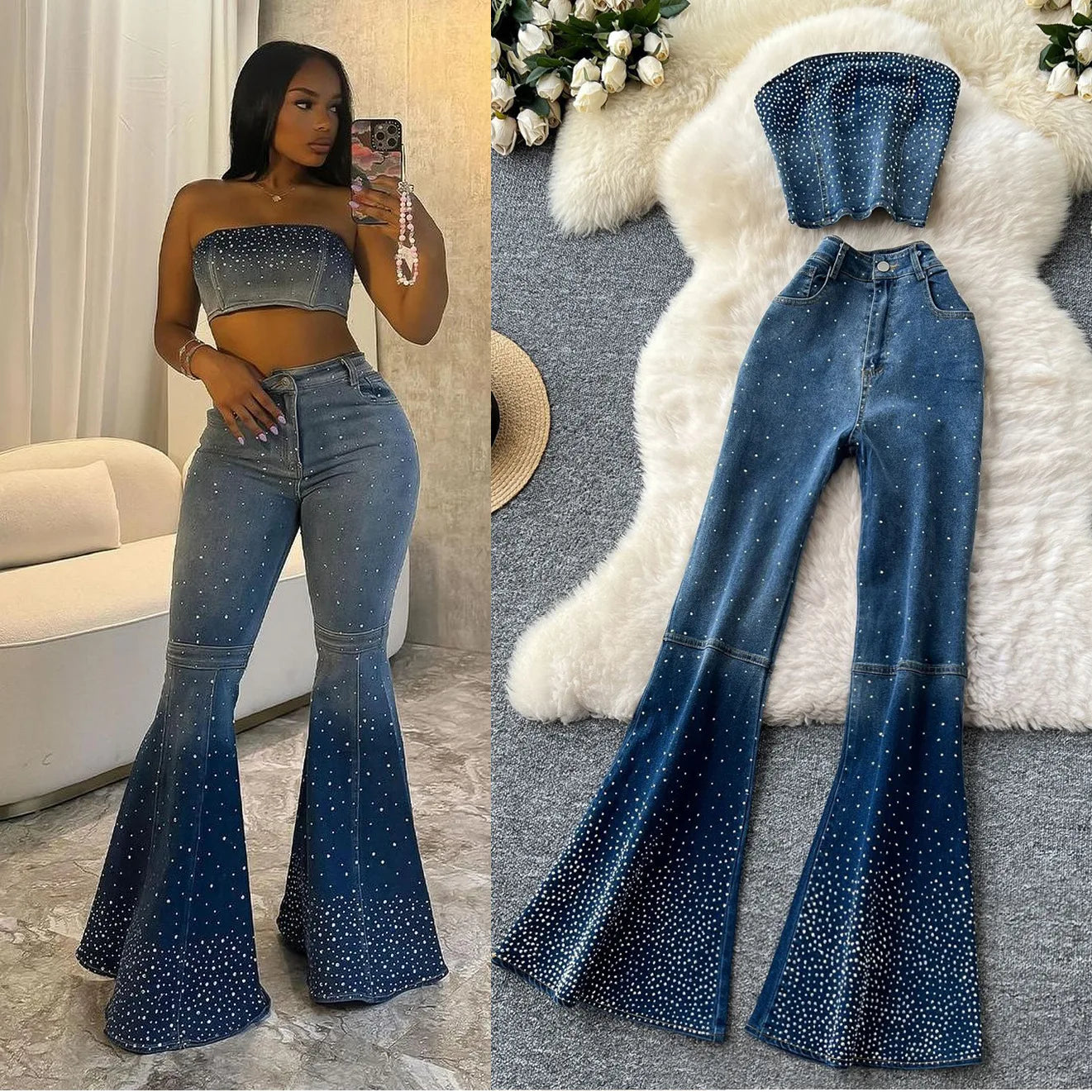 Denim Pant Set Women Two Piece Sets Sexy Matching Sets Sleeveless Short Tops Long Flare Pants High Waist Slim Hot Diamond.