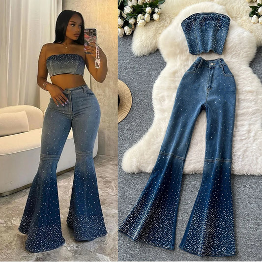 Denim Pant Set Women Two Piece Sets Sexy Matching Sets Sleeveless Short Tops Long Flare Pants High Waist Slim Hot Diamond.