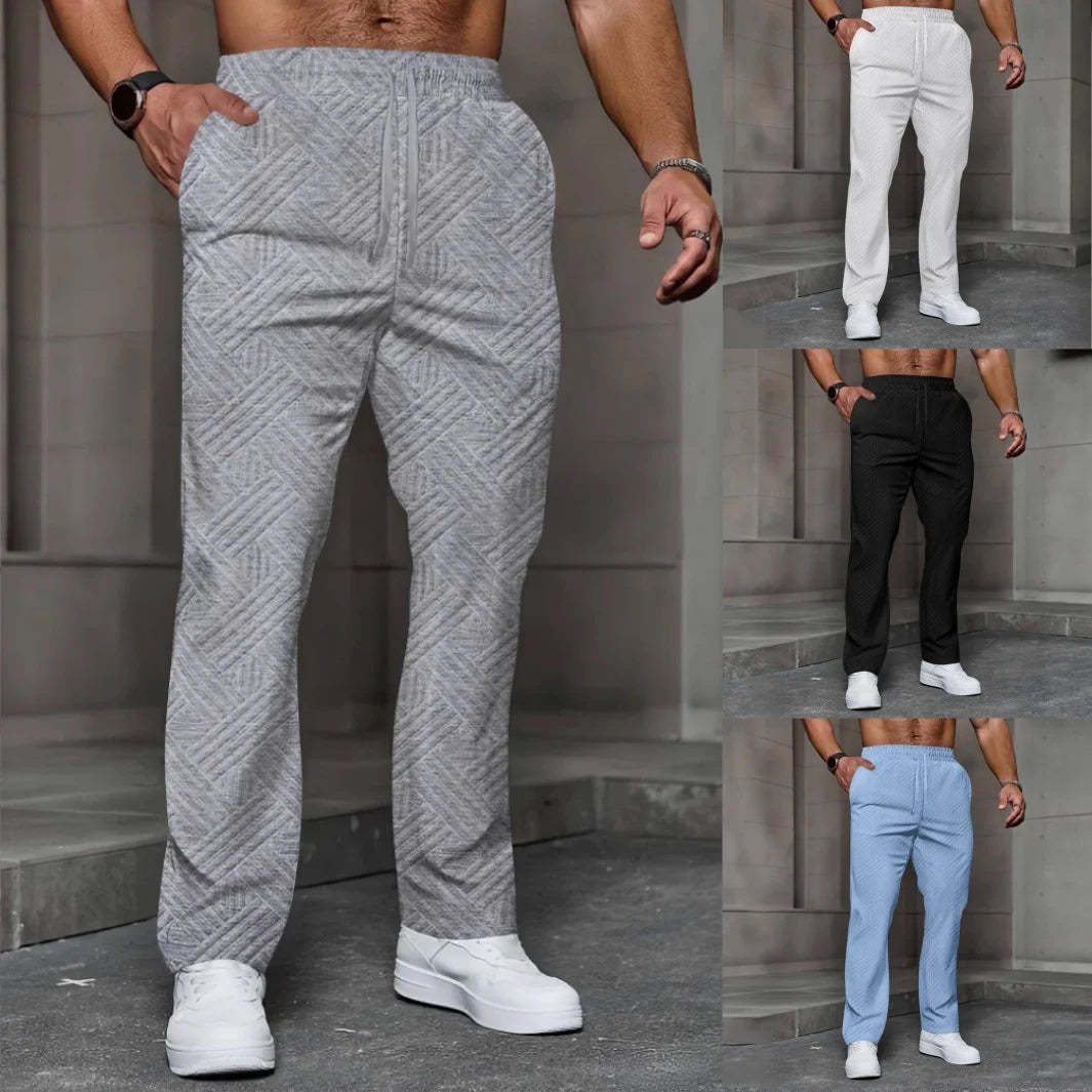 Men's sporty casual trousers, fashionable jacquard elastic waist street pants, solid-color loose all-season pants.
