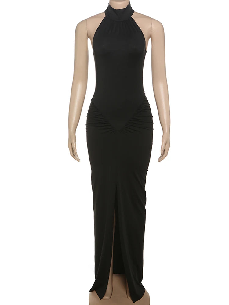 Whatiwear Off Schulter Mode Maxi Kleid Frauen Geraffte Rollkragen Ärmel Splits Robe Mitternacht Prom Party Elegante Vestidos.