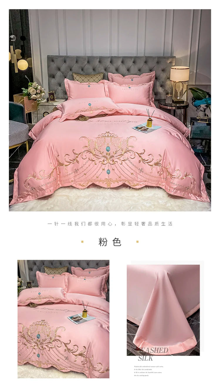 European-Style Bed Sheet Four-Piece Set 100 Cotton High-End Atmospheric Ice Silk Quilt Cover Pure Cotton Bedding.