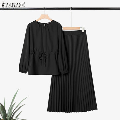 ZANZEA Elegant Women Autumn 2 Piece Sets Muslim Tracksuits Fashion Long Sleeve Tops Pleated Maxi Skirts Suit 2PCS Work Outfits.