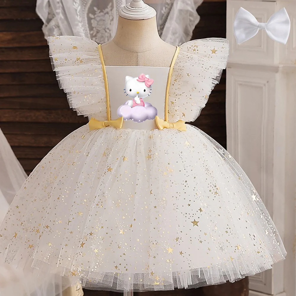 Hello Kitty Prinzessinnenkleid für Mädchen, Pailletten, Stern, Rüschen, Schleife, Tutu-Kleid, Baby, formelles Gala-Abschlussballkleid, Kinder-Abendparty-Kostüm.