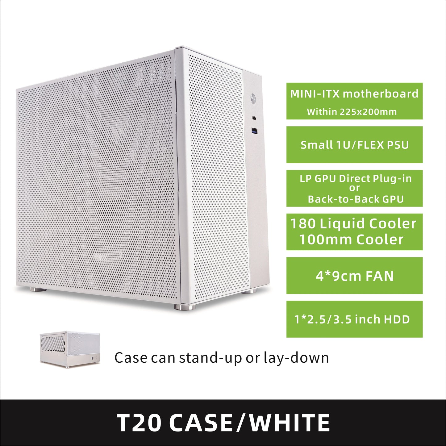 METALFISH T20 Mini ITX Case 9L Gaming Computer White Chassis Compact PC Support Flex PSU/100mm Cooler/180Liquid Cooler/240mm GPU