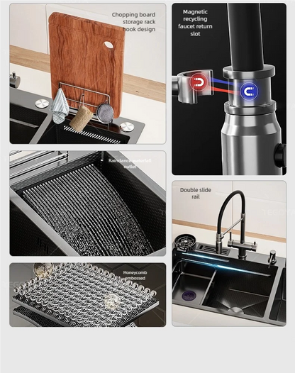 Waterfall Kitchen Sink Stainless Steel Large Double Slot With Chopping Board Rack Knife Holder Multifunctional Dishwash Basin