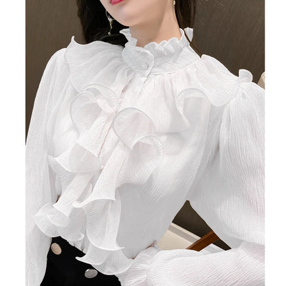 Autumn Vintage Ruffles Clothes Lace Blouse Women Spring Stand Collar White Chiffon Shirt Long Puff Sleeve Loose Tops Elegant