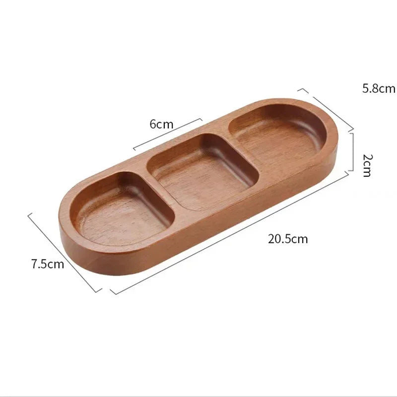 Solid Wood Rectangle Tray 2/3 Grid Condiment Plate Breakfast Sushi Bread Dessert Sauce Plate Kitchen Dinner Seasoning Dish.