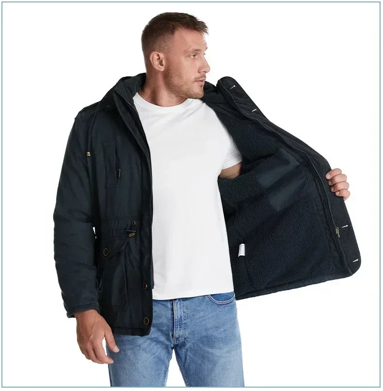 Men's Jacket WINTER USA SIZE Large SIZE Lamb Fleece JACKETS Hooded Cotton Thickened Multi Pocket Casual Mid length Coat