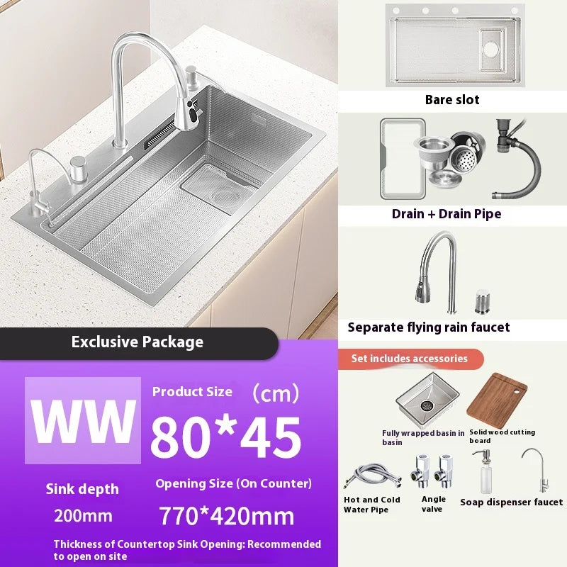 Silver 304 Stainless Steel Waterfall Kitchen Sink Multifunctional Scratch and Wear Resistant Large Single Slot Undermount Basin
